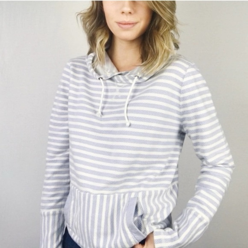 J. Crew Light Grey White Striped Hoodie Size L Drawstring Hood 100% Cotton